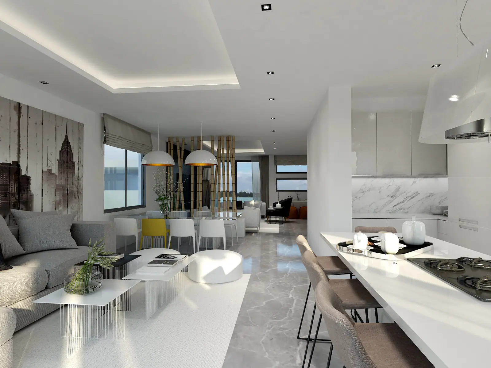 Open-plan living, dining and kitchen